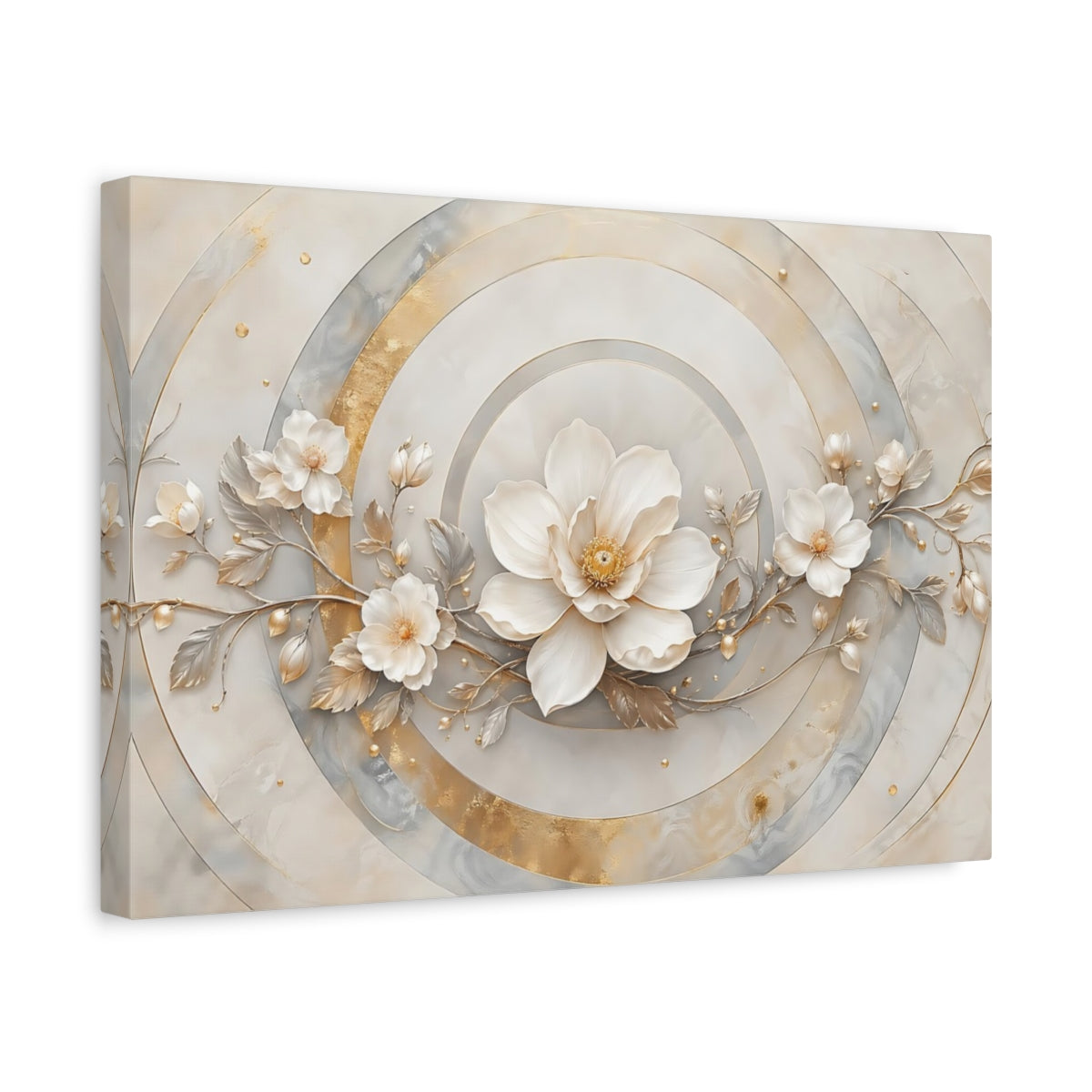 Side Mockup 4. Floral White Flower White And Gold shown as stretched canvas wall art