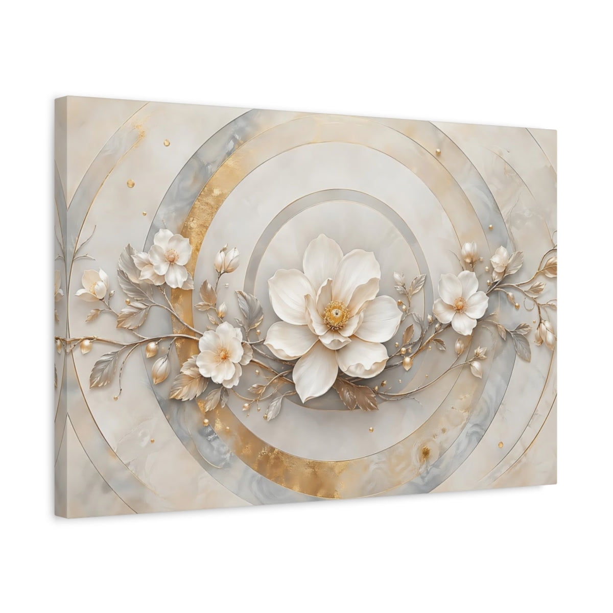 Side Mockup 3. Floral White Flower White And Gold shown as stretched canvas wall art