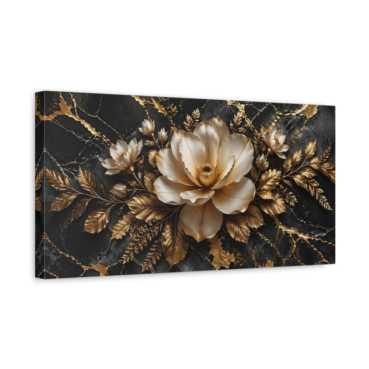Side Mockup 3. Floral White Flower Black And Gold Floral shown as stretched canvas wall art
