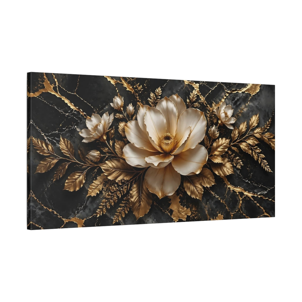 Main Mockup. Floral White Flower Black And Gold Floral shown as stretched canvas wall art