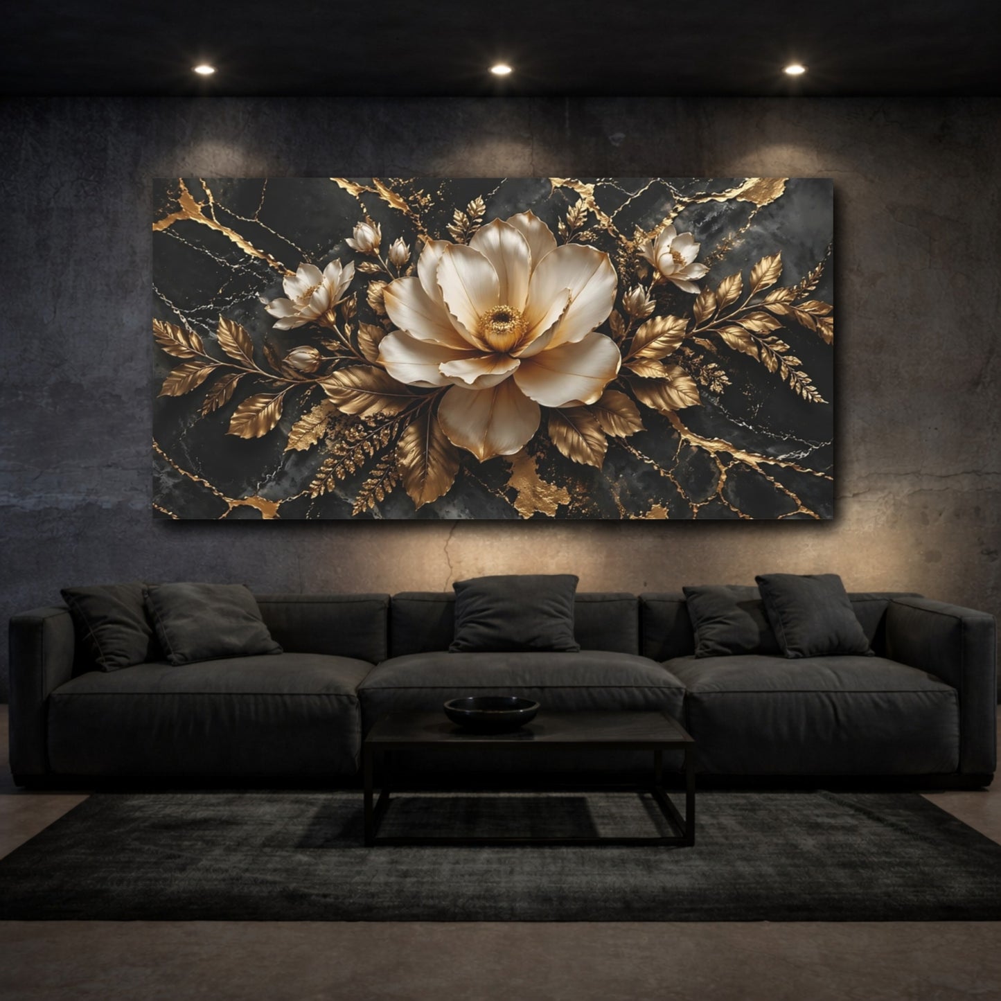 Mockup 2. Floral White Flower Black And Gold Floral shown as stretched canvas wall art