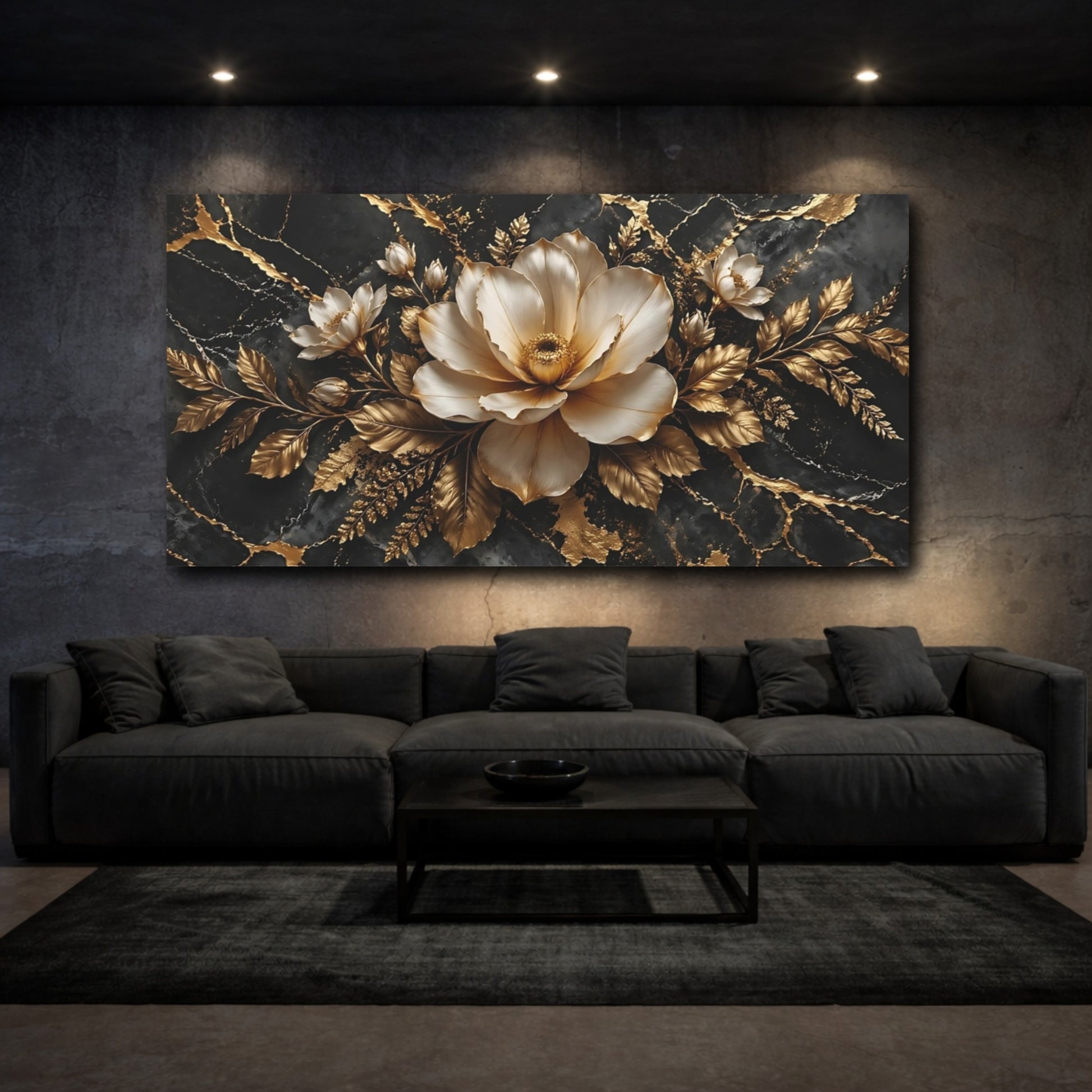 Mockup 2. Floral White Flower Black And Gold Floral shown as stretched canvas wall art