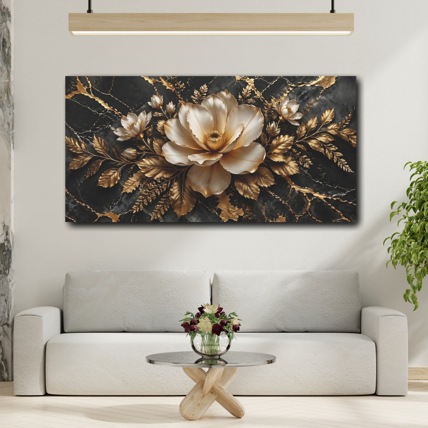 Mockup 3. Floral White Flower Black And Gold Floral shown as stretched canvas wall art