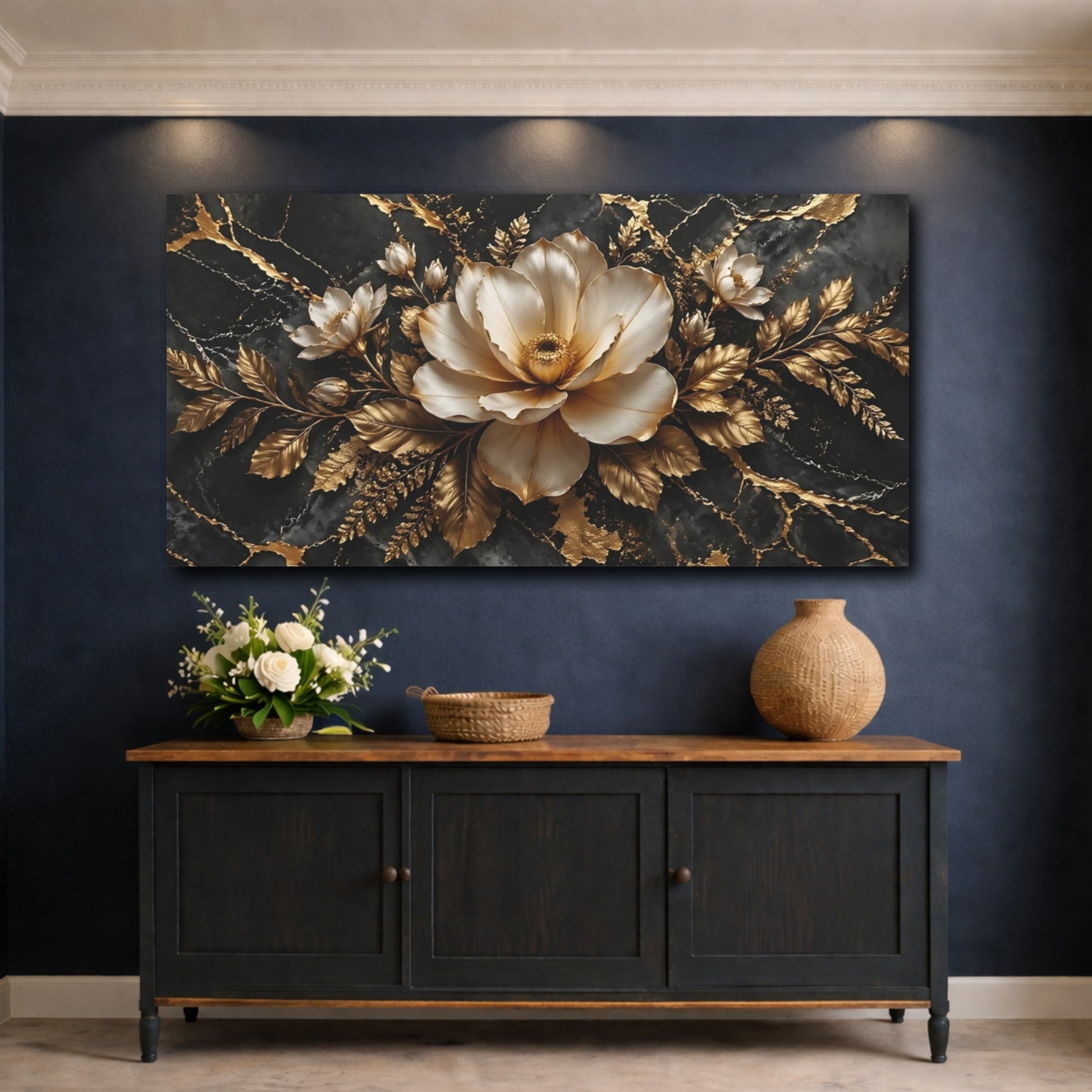 Mockup 4. Floral White Flower Black And Gold Floral shown as stretched canvas wall art