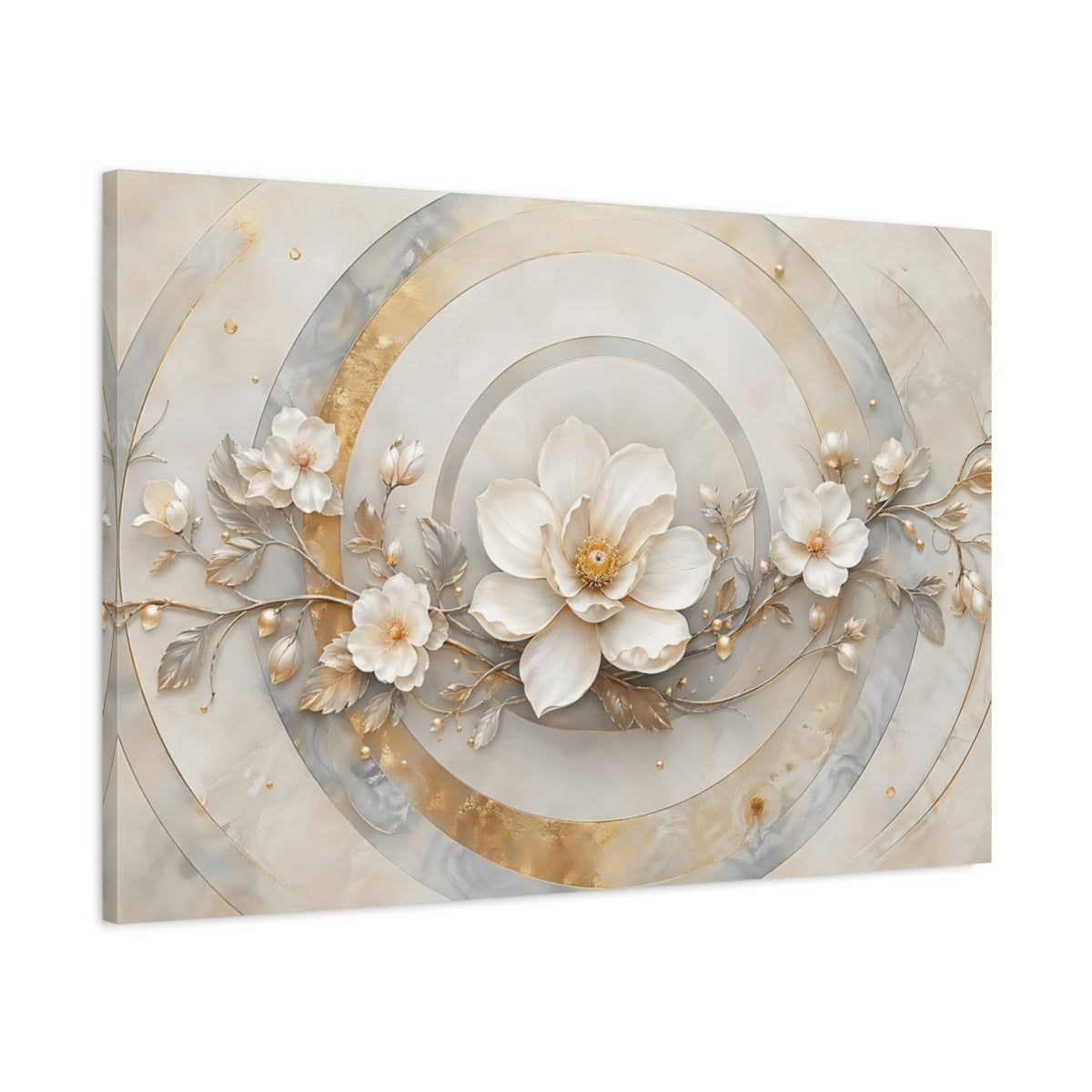 Main Mockup. Floral White Flower White And Gold shown as stretched canvas wall art