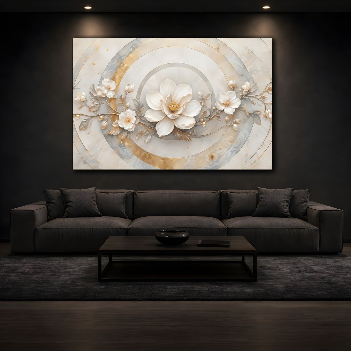 Mockup 3. Floral White Flower White And Gold shown as stretched canvas wall art