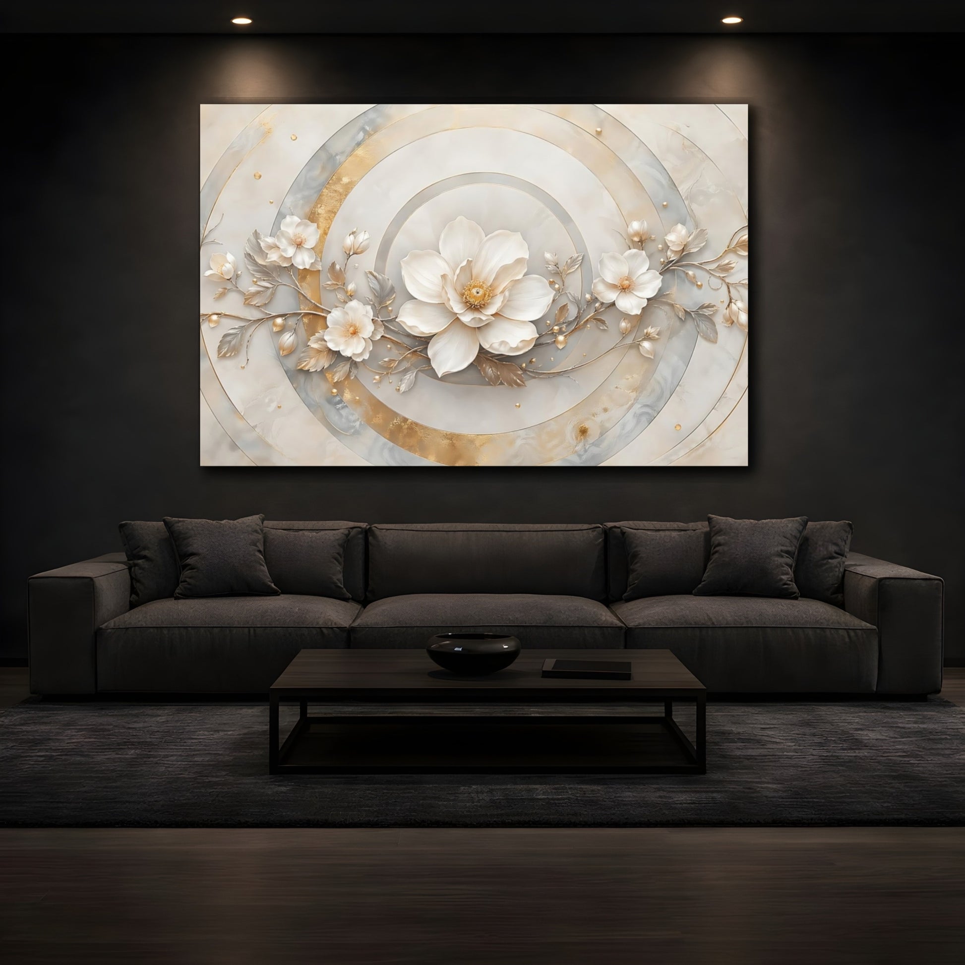 Mockup 3. Floral White Flower White And Gold shown as stretched canvas wall art