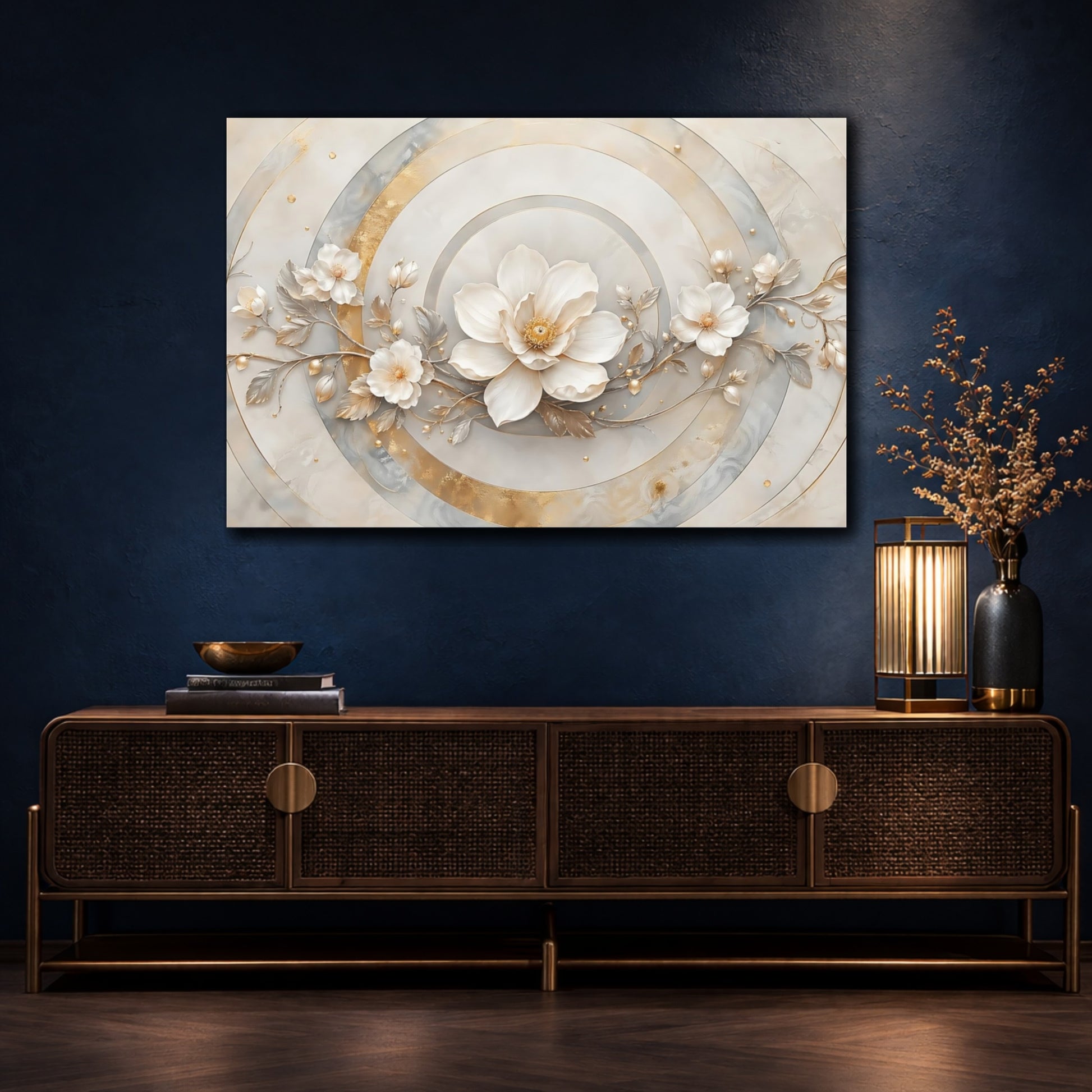 Mockup 4. Floral White Flower White And Gold shown as stretched canvas wall art