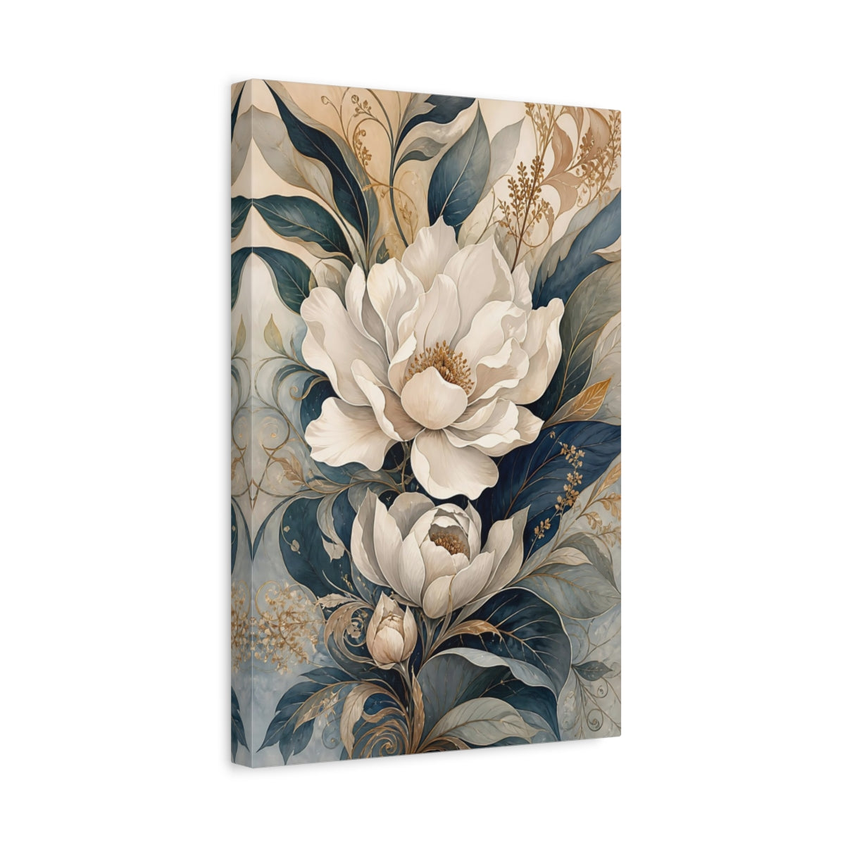 Side Mockup 4. Floral White Flowers White And Blue Floral shown as stretched canvas wall art