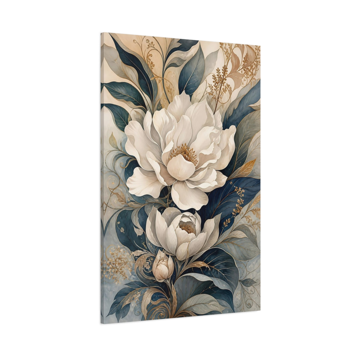 Side Mockup 1. Floral White Flowers White And Blue Floral shown as stretched canvas wall art