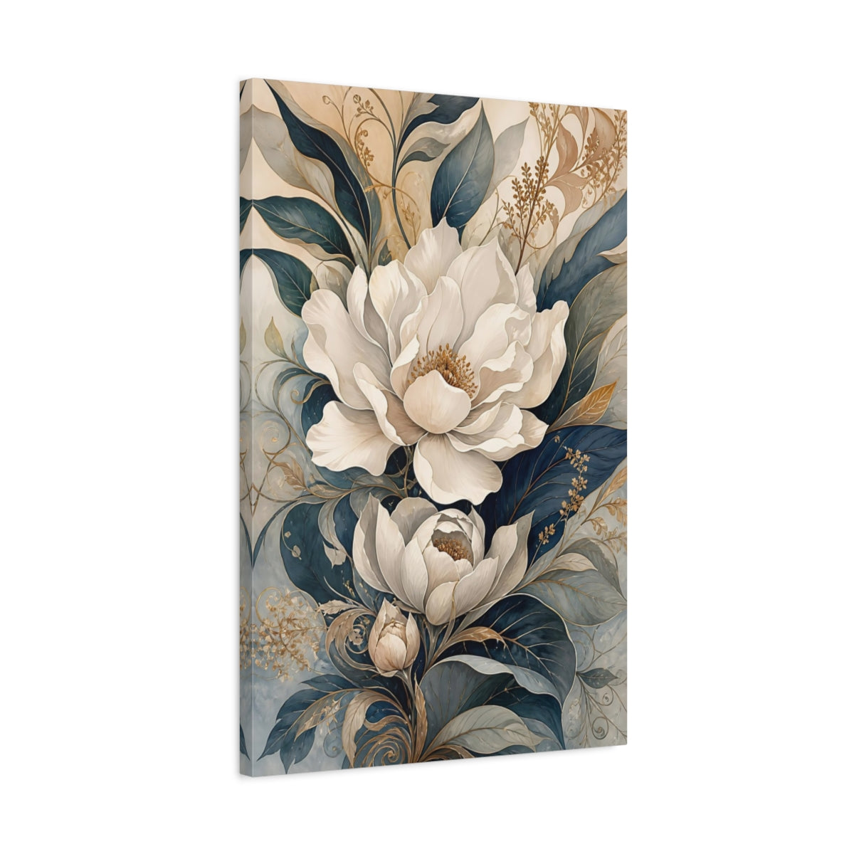 Side Mockup 2. Floral White Flowers White And Blue Floral shown as stretched canvas wall art