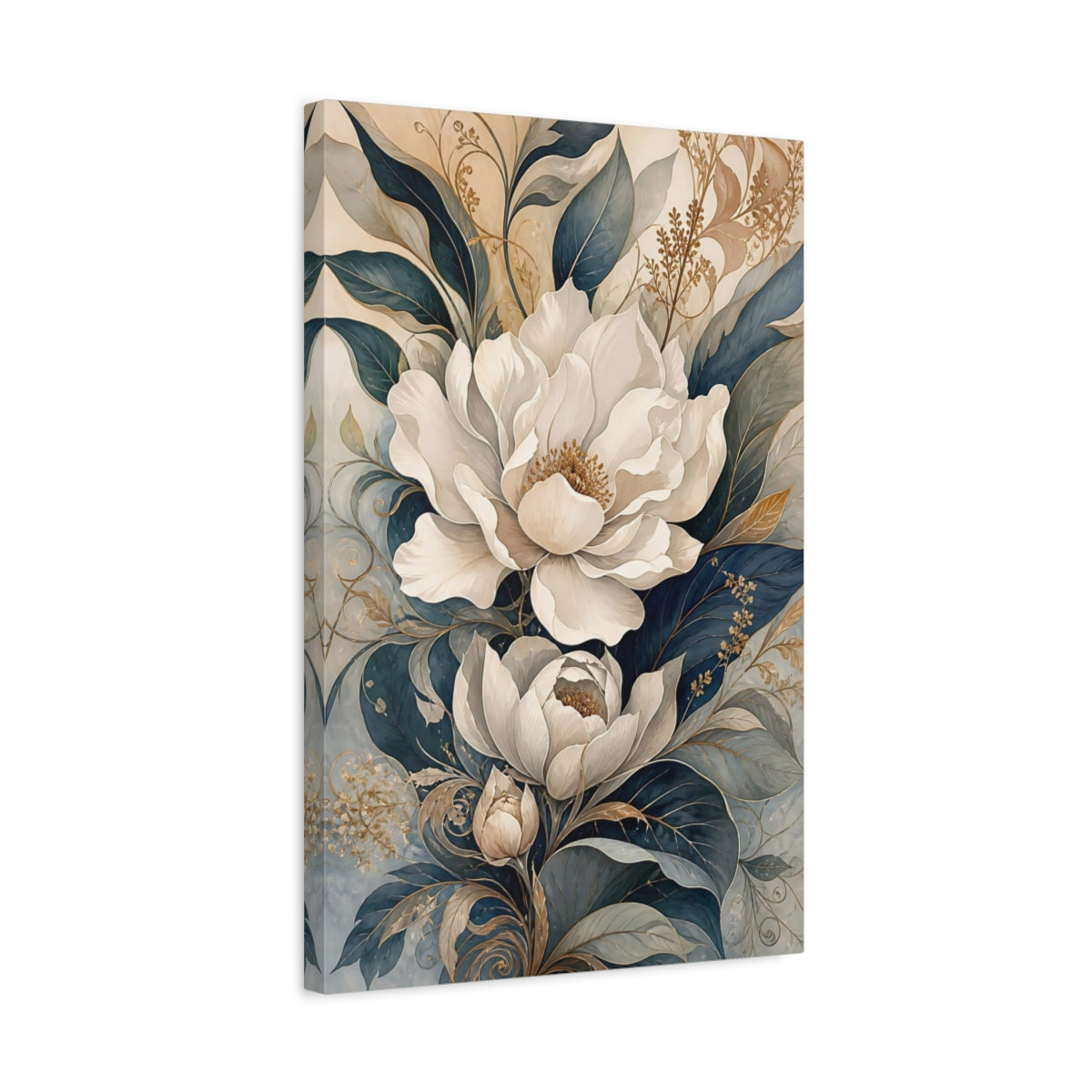 Side Mockup 3. Floral White Flowers White And Blue Floral shown as stretched canvas wall art