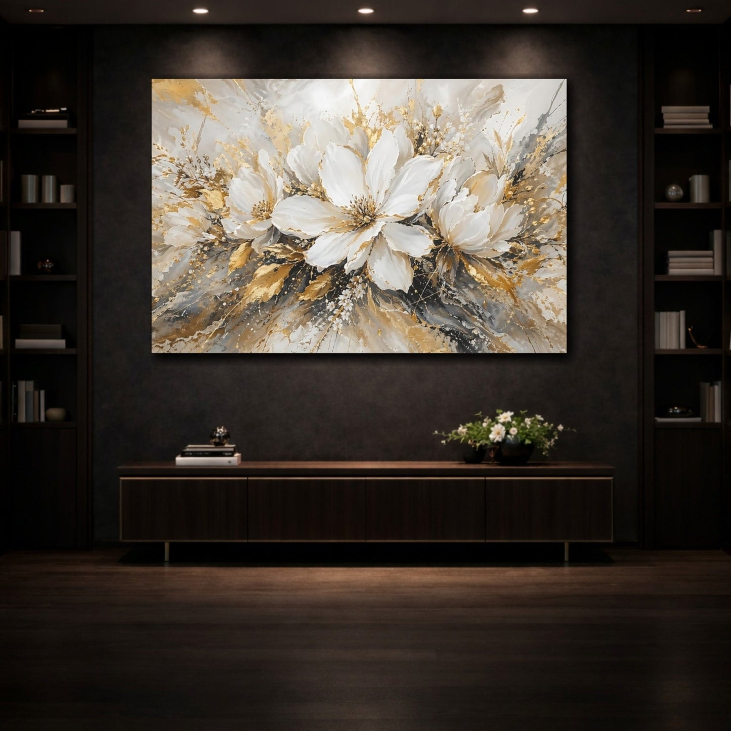 Floral White Flowers And Gold Canvas Print – Living Room, Above Fireplace - YesArtYes