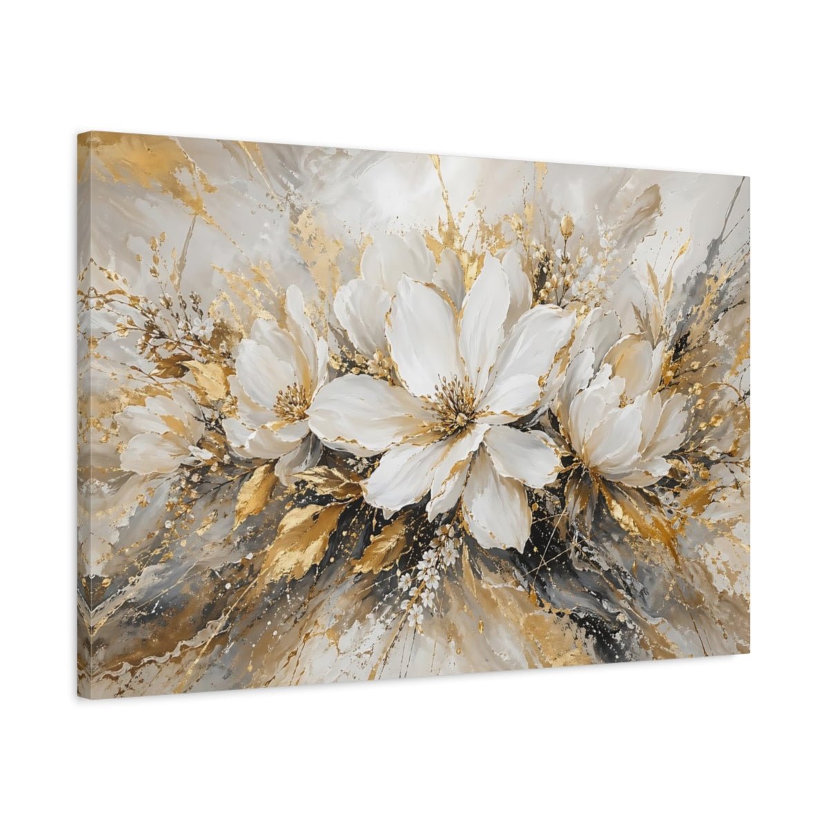 Floral White Flowers And Gold Canvas Print – Living Room, Above Fireplace - YesArtYes