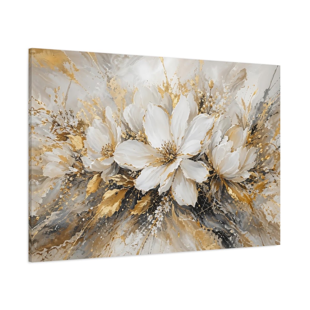 Floral White Flowers And Gold Canvas Print – Living Room, Above Fireplace - YesArtYes