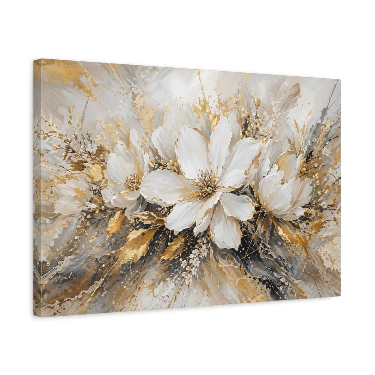 Floral White Flowers And Gold Canvas Print – Living Room, Above Fireplace - YesArtYes
