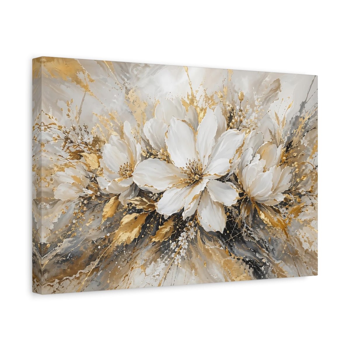 Floral White Flowers And Gold Canvas Print – Living Room, Above Fireplace - YesArtYes