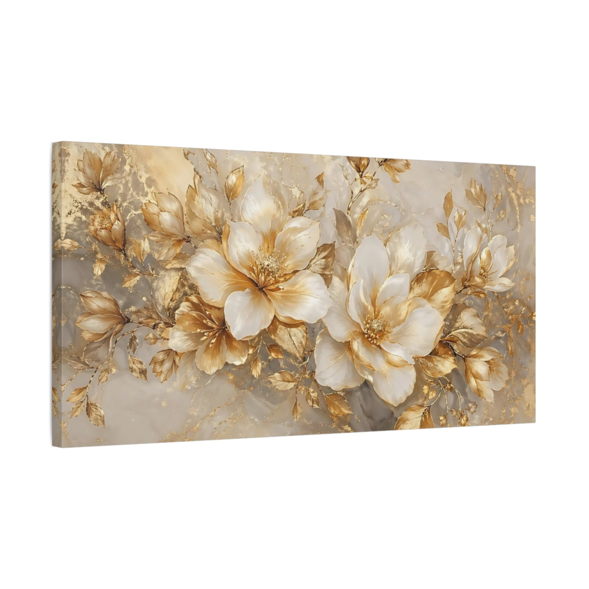 Side Mockup 1. Floral White Flowers White And Gold shown as stretched canvas wall art