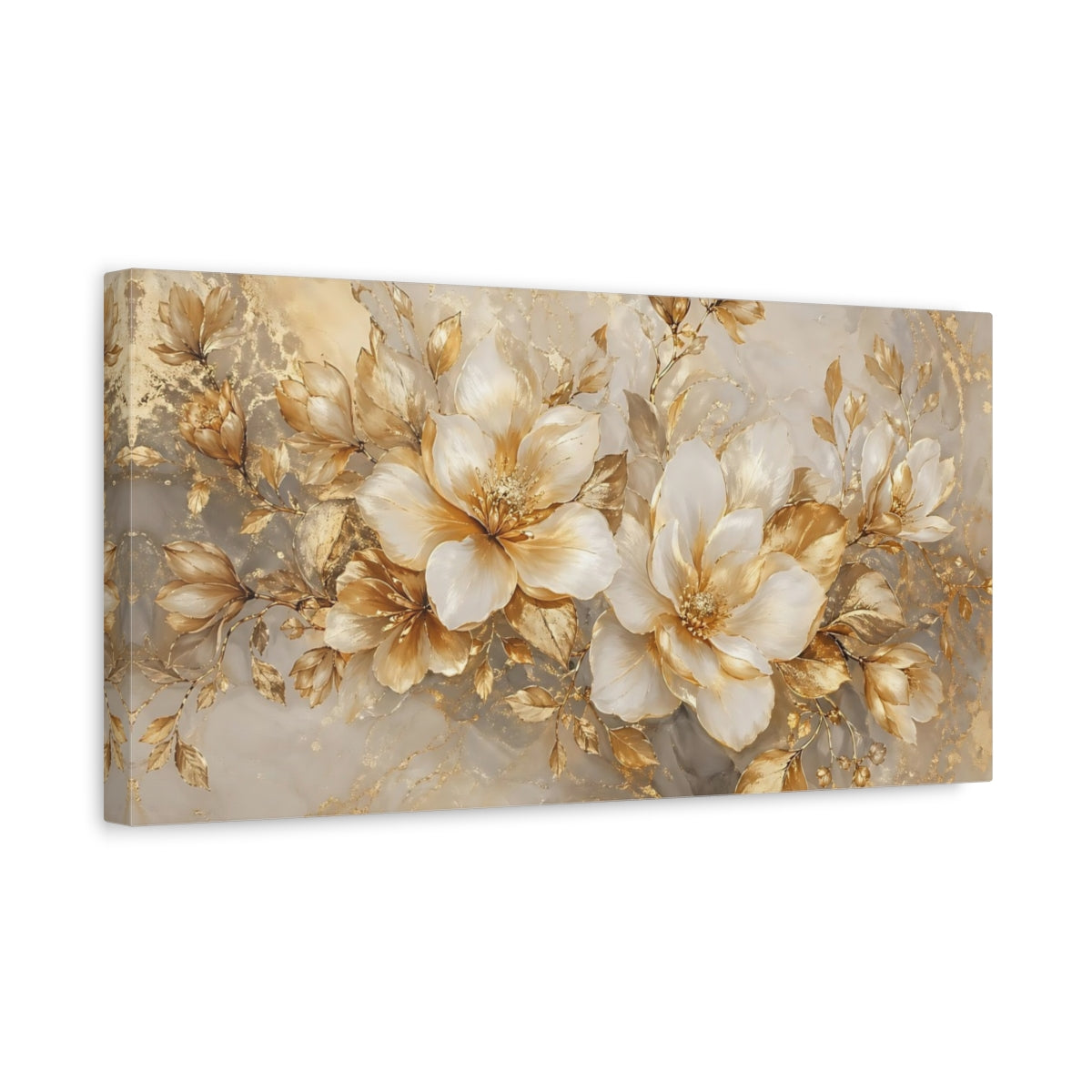 Side Mockup 3. Floral White Flowers White And Gold shown as stretched canvas wall art