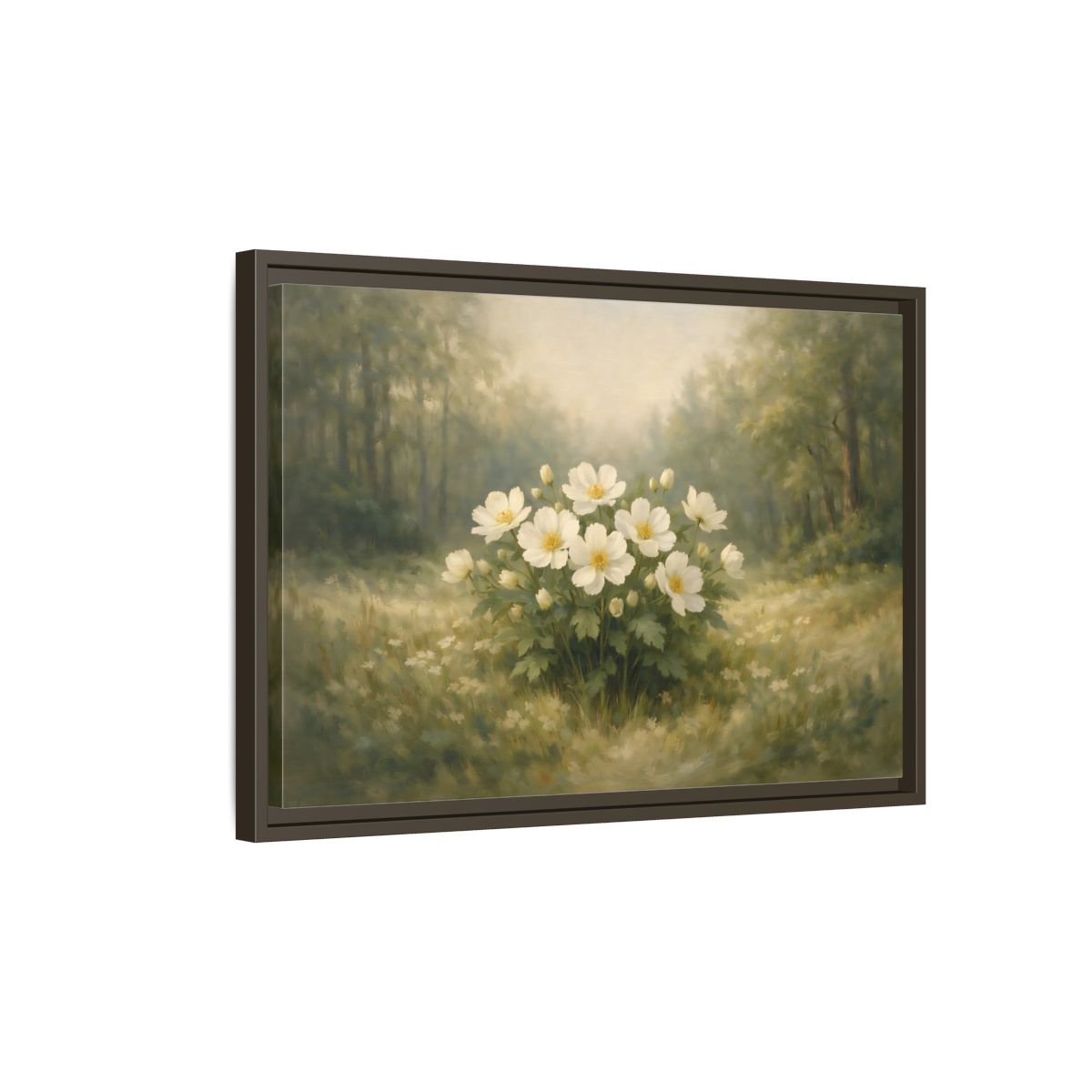 Side Mockup 2. Floral White Flowers White And Green shown as stretched canvas wall art