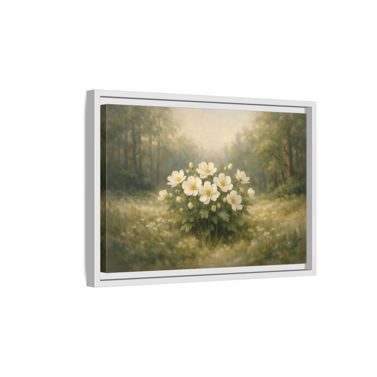Side Mockup 4. Floral White Flowers White And Green shown as stretched canvas wall art