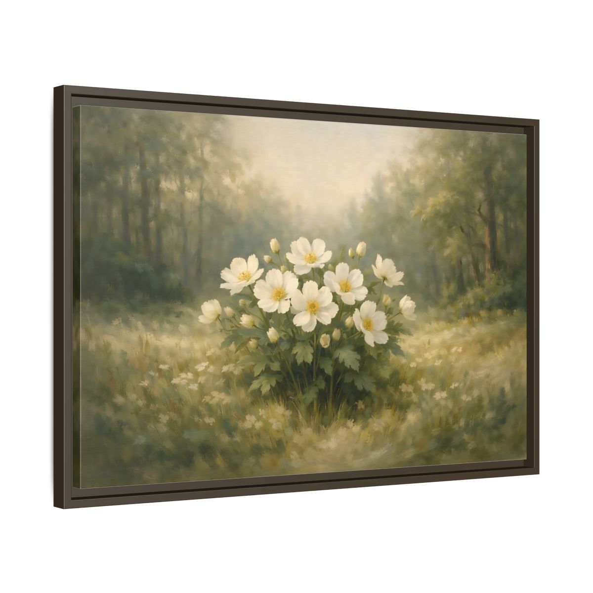 Side Mockup 11. Floral White Flowers White And Green shown as stretched canvas wall art