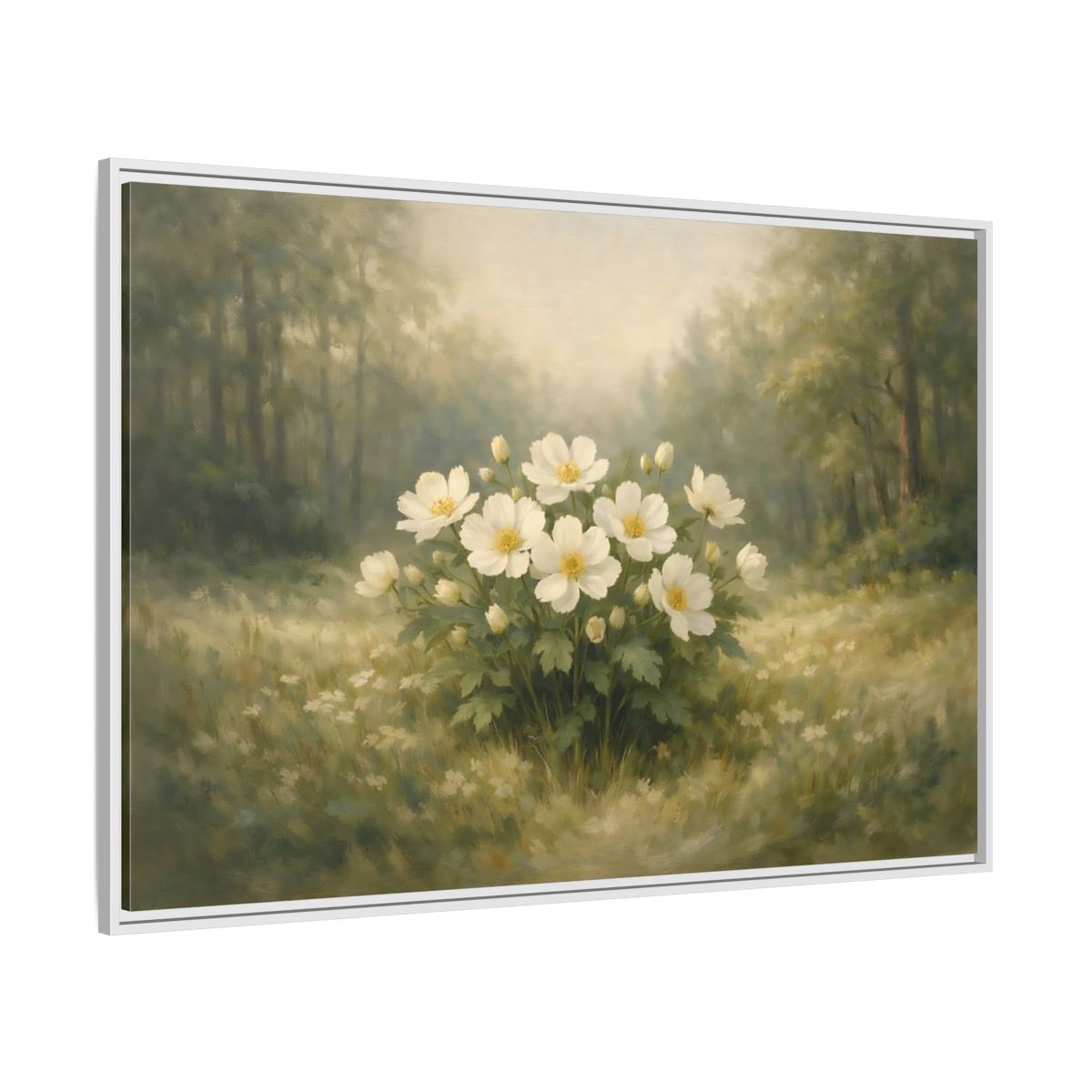 Side Mockup 7. Floral White Flowers White And Green shown as stretched canvas wall art