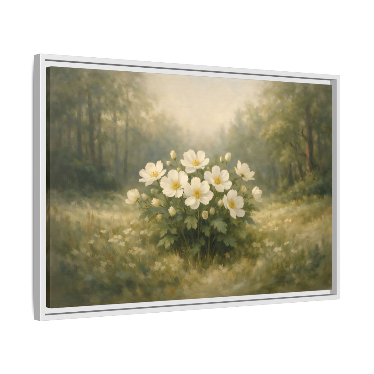 Side Mockup 10. Floral White Flowers White And Green shown as stretched canvas wall art