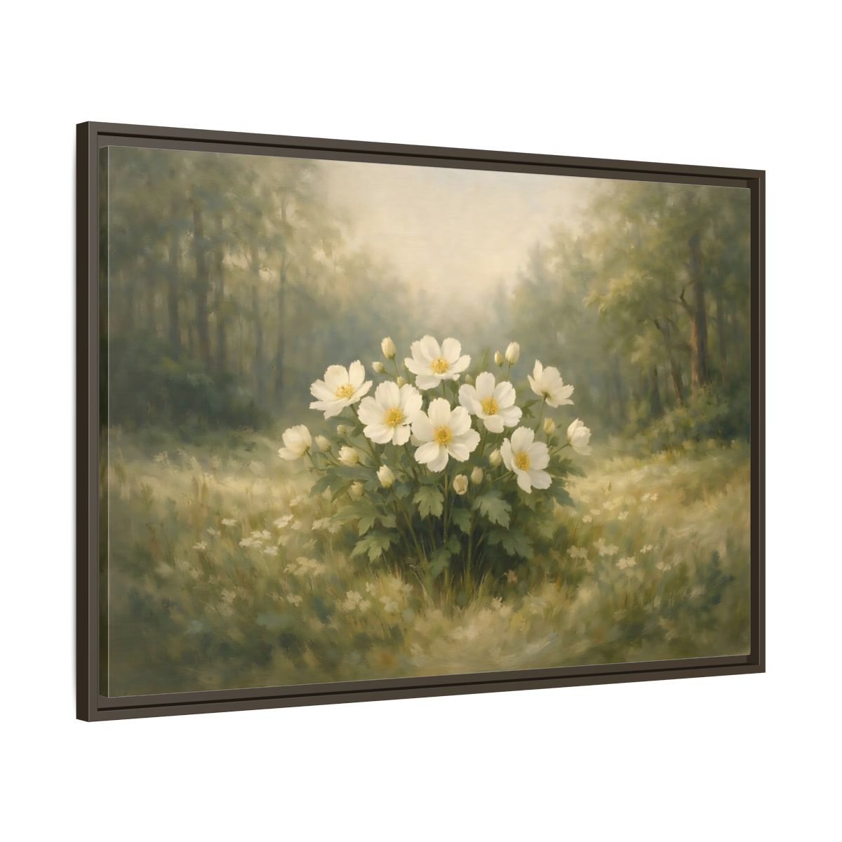 Side Mockup 9. Floral White Flowers White And Green shown as stretched canvas wall art