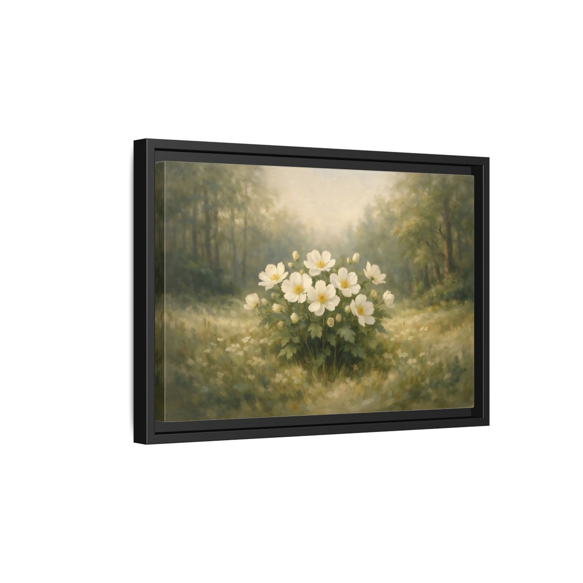 Side Mockup 6. Floral White Flowers White And Green shown as stretched canvas wall art