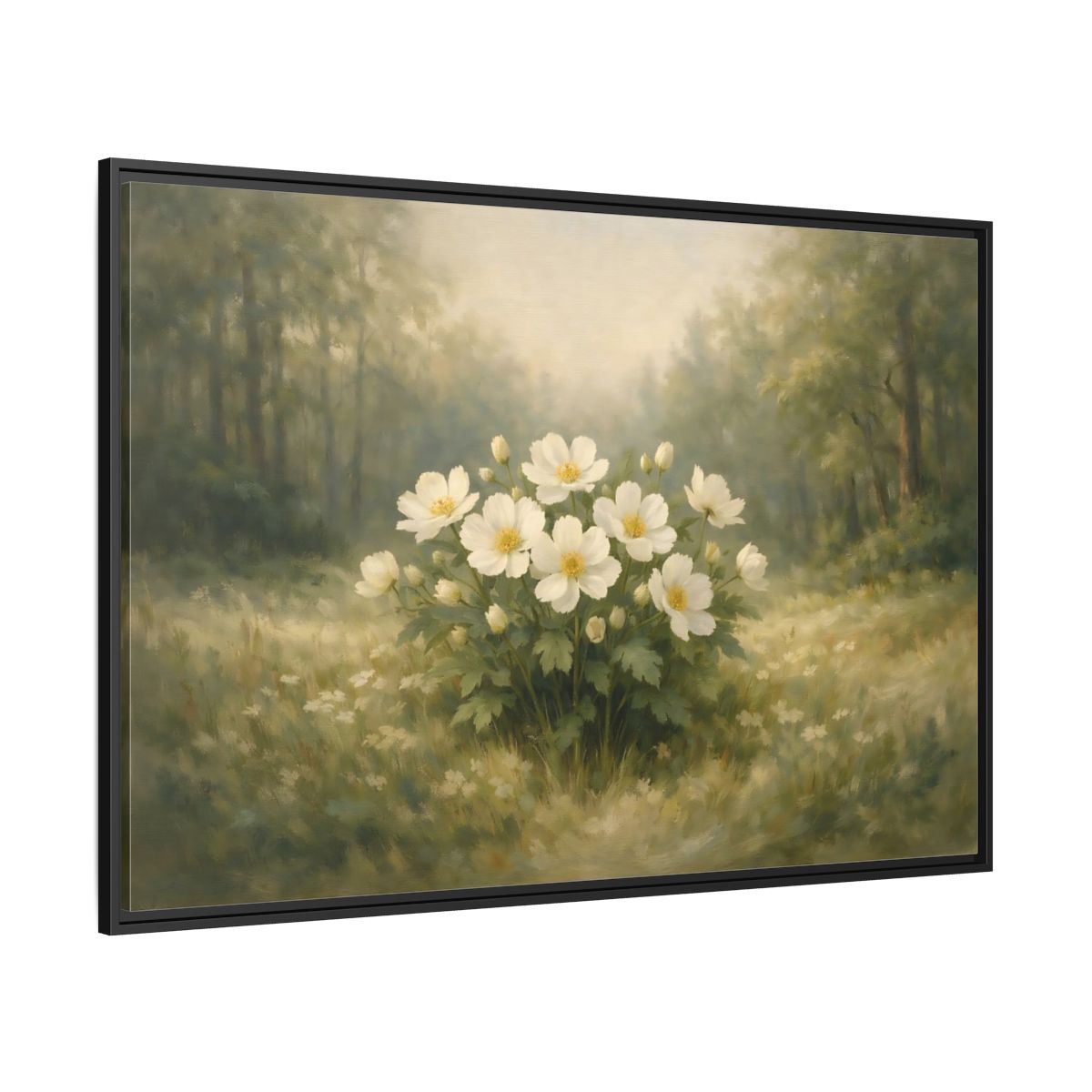 Side Mockup 12. Floral White Flowers White And Green shown as stretched canvas wall art