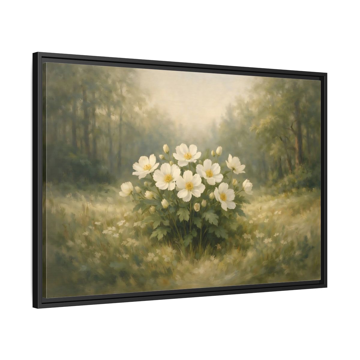 Side Mockup 13. Floral White Flowers White And Green shown as stretched canvas wall art