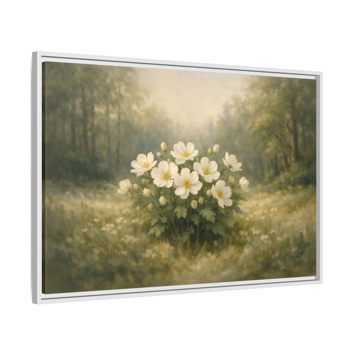 Side Mockup 8. Floral White Flowers White And Green shown as stretched canvas wall art