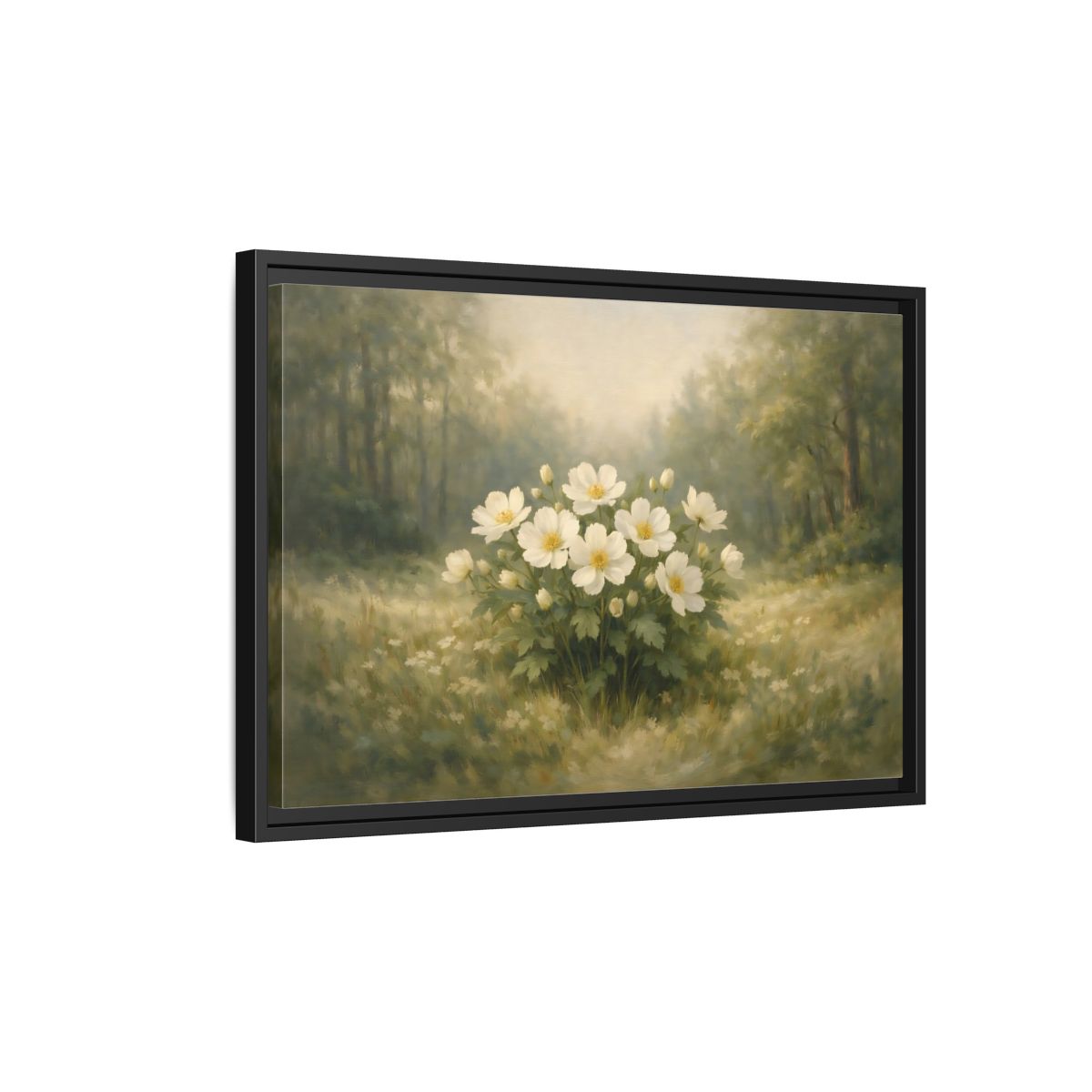 Side Mockup 3. Floral White Flowers White And Green shown as stretched canvas wall art