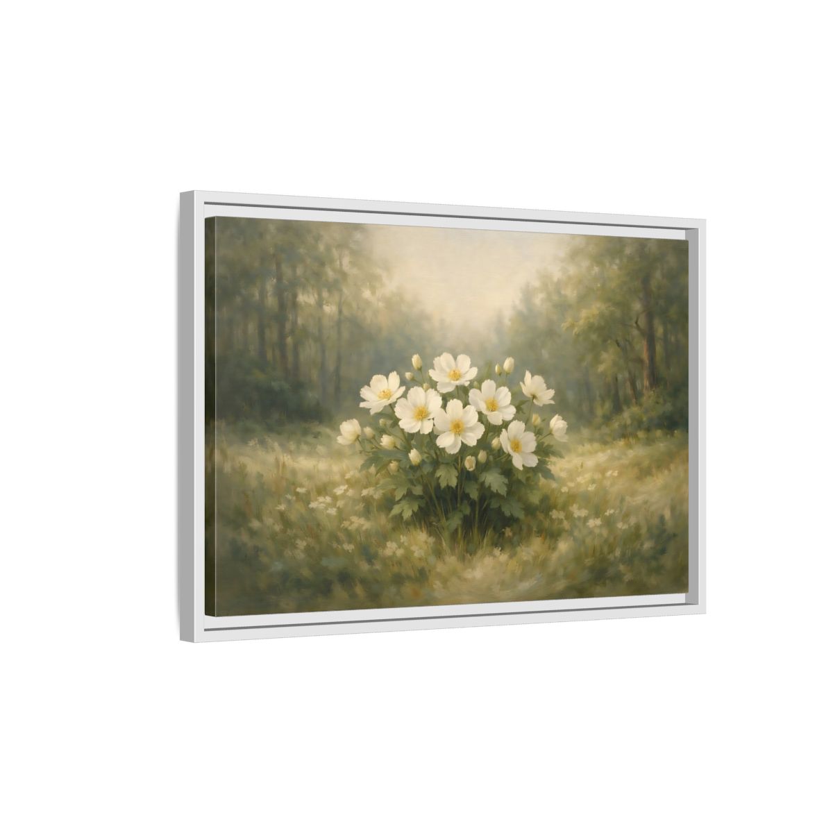 Side Mockup 1. Floral White Flowers White And Green shown as stretched canvas wall art