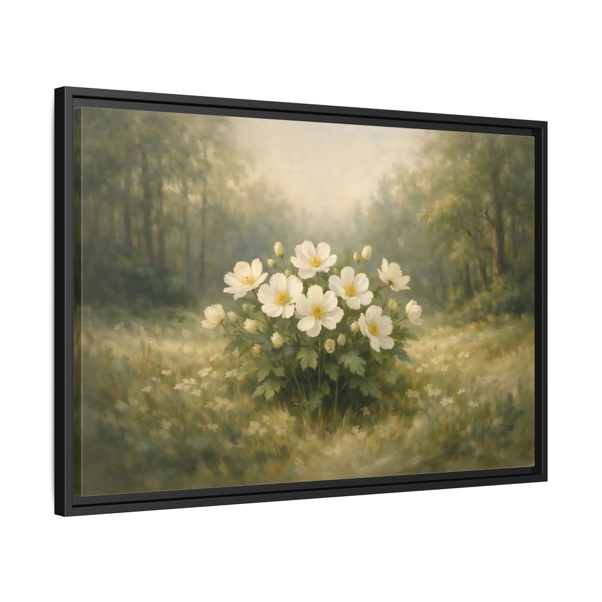 Side Mockup 14. Floral White Flowers White And Green shown as stretched canvas wall art