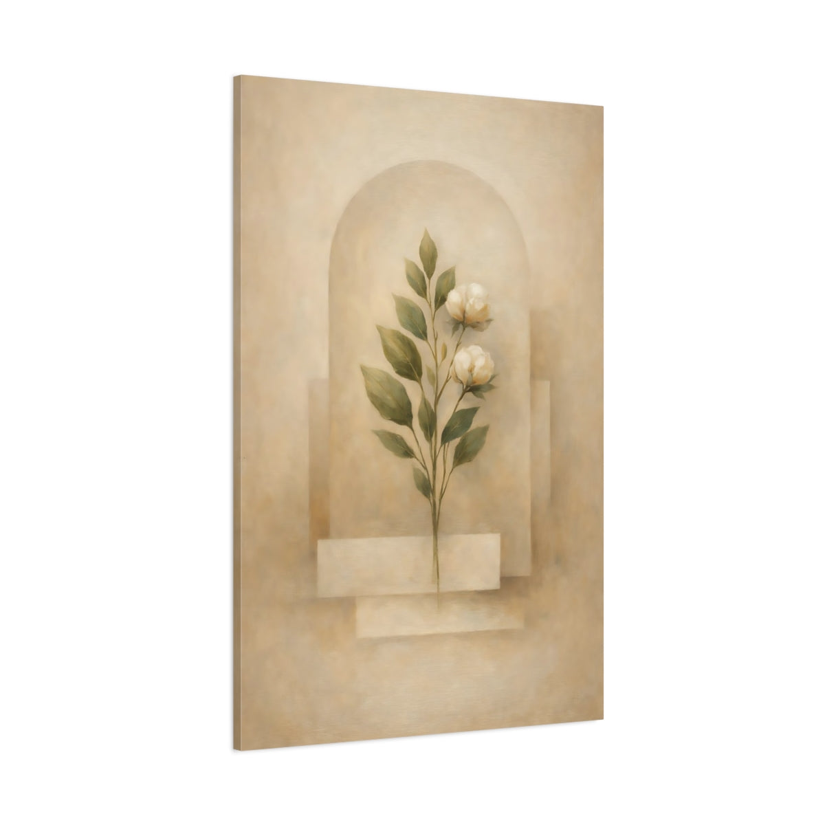 Main Mockup. Floral White Flowers Beige Floral shown as stretched canvas wall art