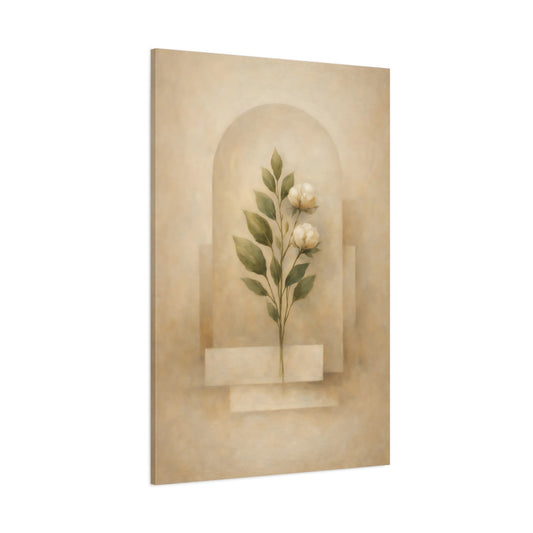 Main Mockup. Floral White Flowers Beige Floral shown as stretched canvas wall art