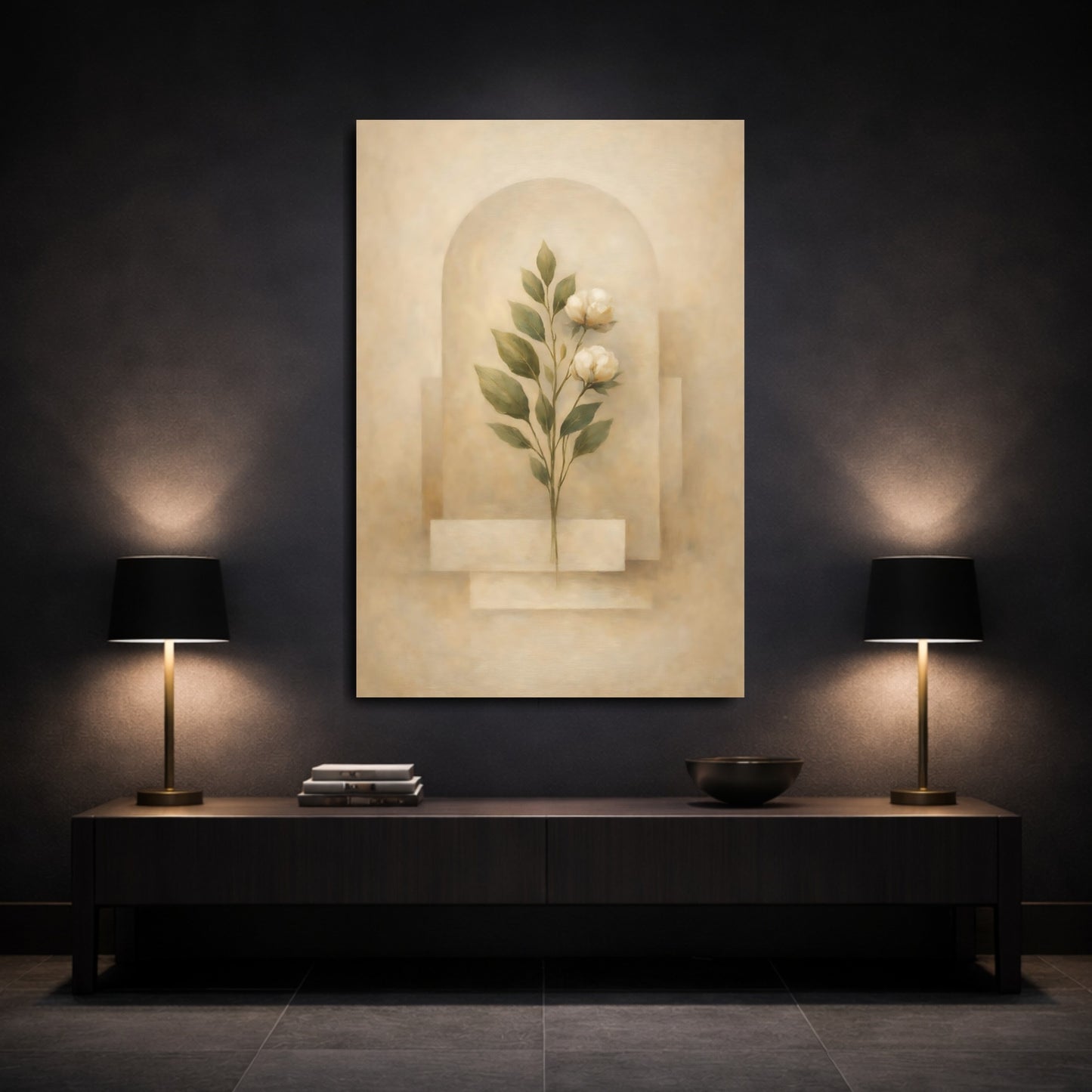 Mockup 2. Floral White Flowers Beige Floral shown as stretched canvas wall art