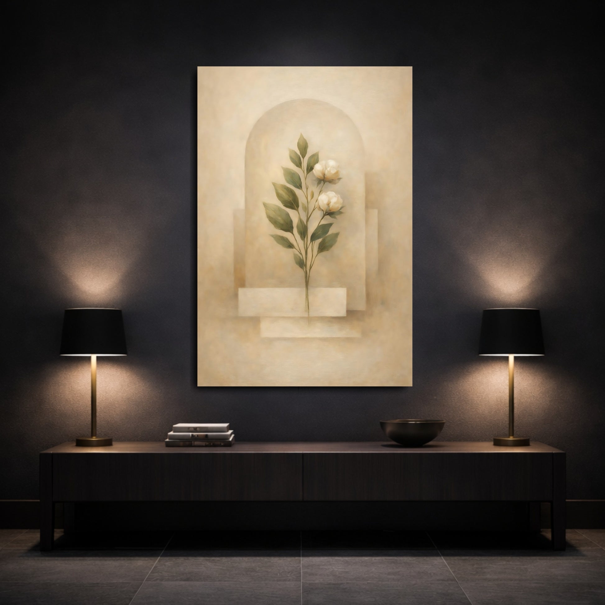 Mockup 2. Floral White Flowers Beige Floral shown as stretched canvas wall art