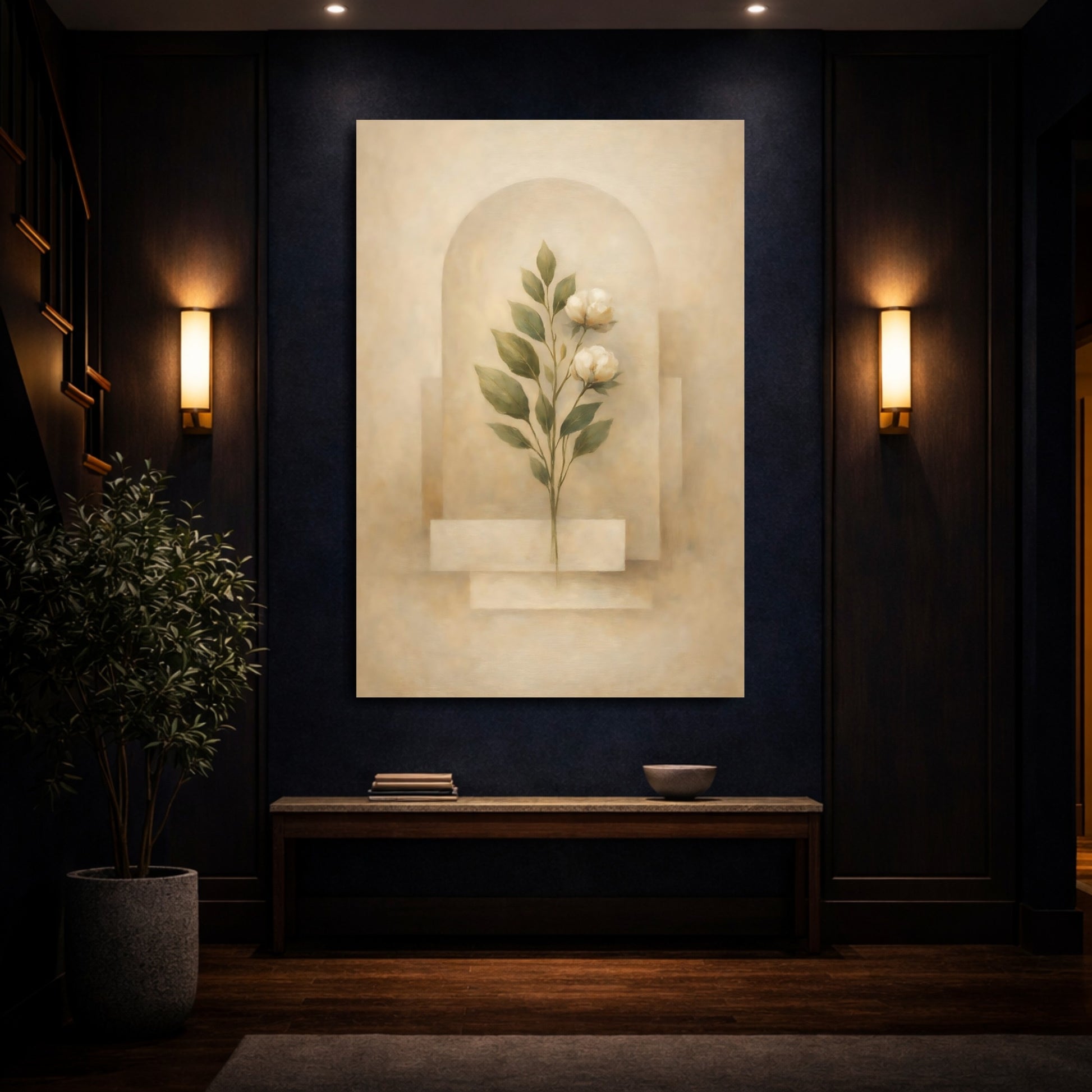 Mockup 3. Floral White Flowers Beige Floral shown as stretched canvas wall art