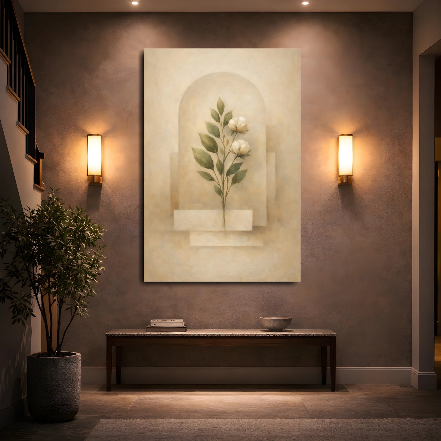 Mockup 4. Floral White Flowers Beige Floral shown as stretched canvas wall art