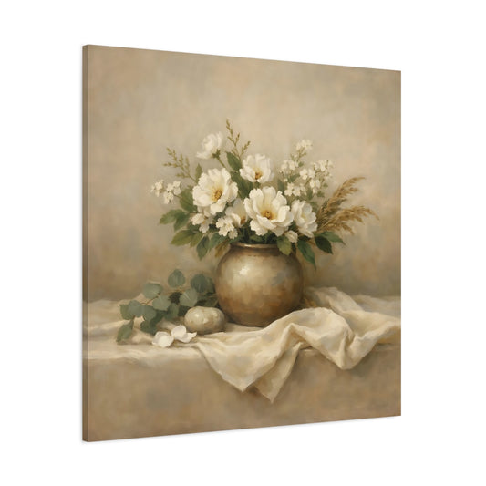 Main Mockup. Floral White Flowers Beige White Floral shown as stretched canvas wall art