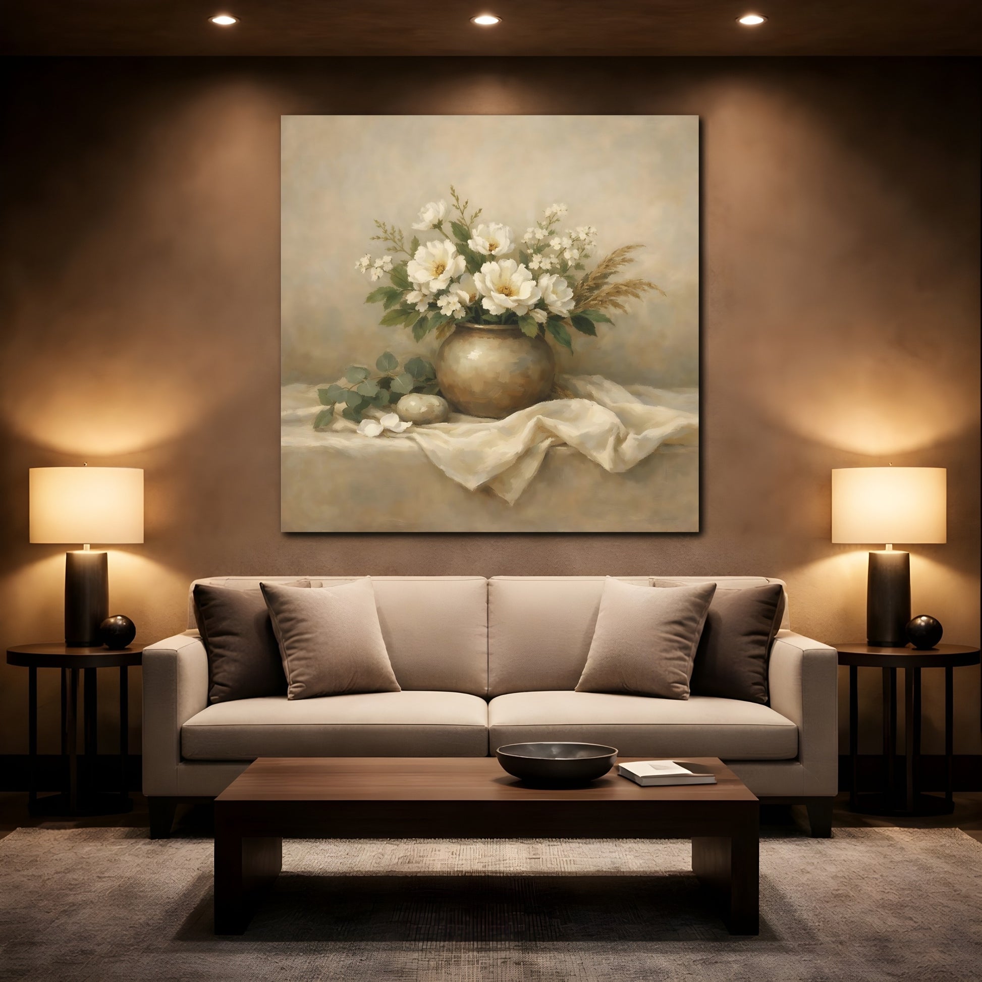 Mockup 2. Floral White Flowers Beige White Floral shown as stretched canvas wall art
