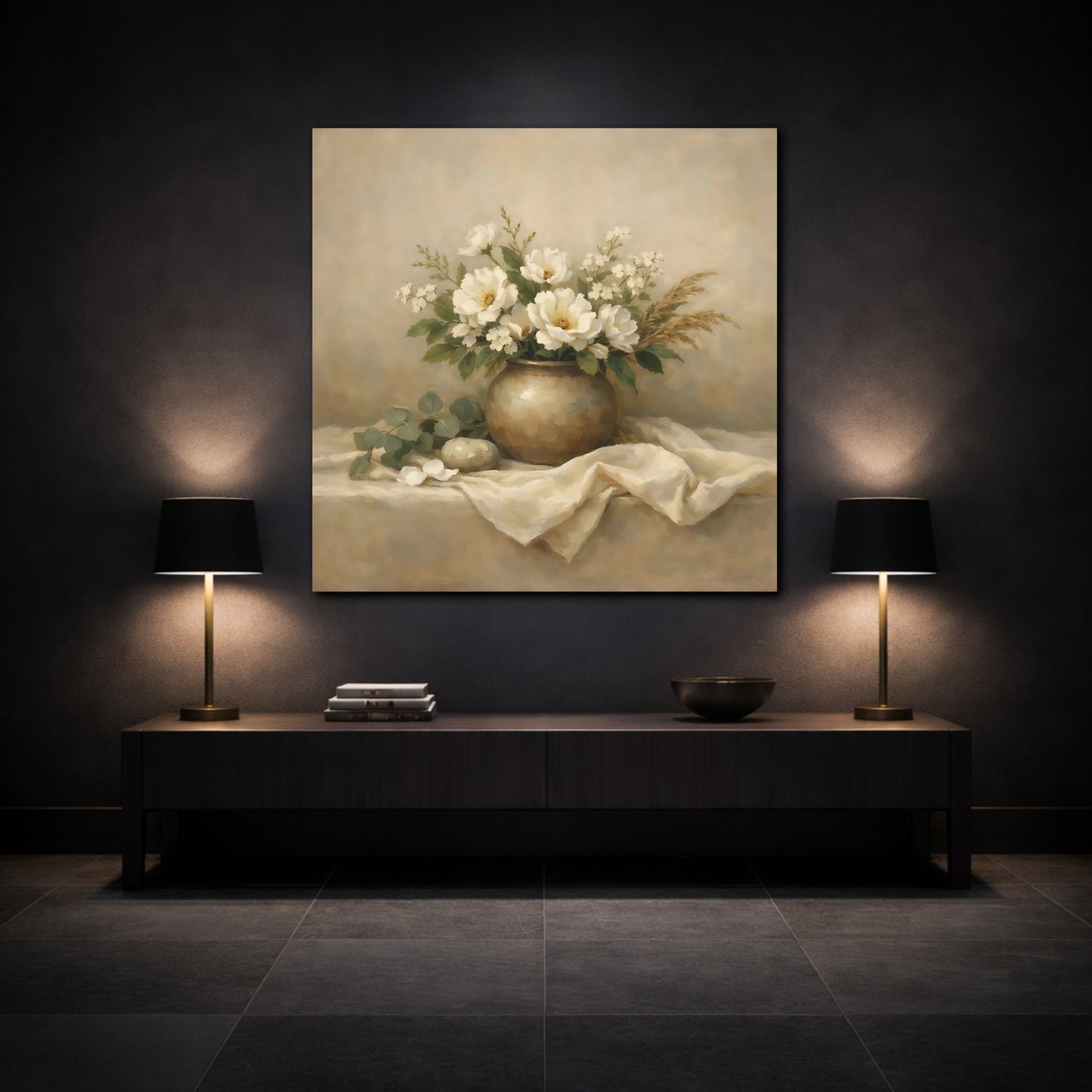 Mockup 3. Floral White Flowers Beige White Floral shown as stretched canvas wall art