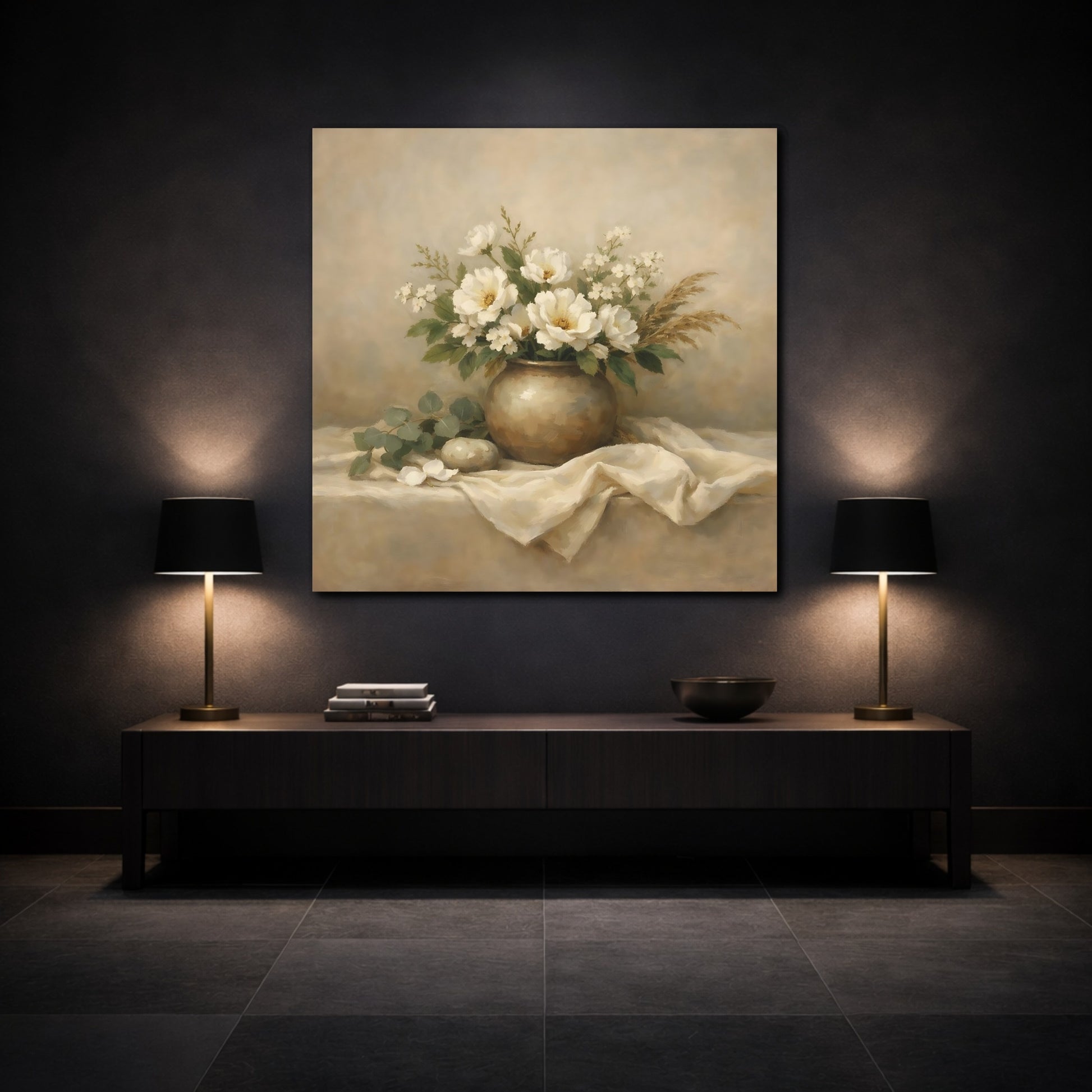 Mockup 3. Floral White Flowers Beige White Floral shown as stretched canvas wall art
