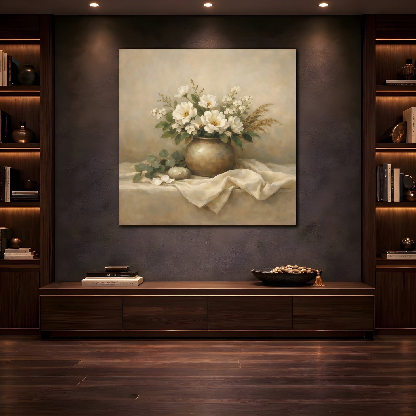 Mockup 4. Floral White Flowers Beige White Floral shown as stretched canvas wall art