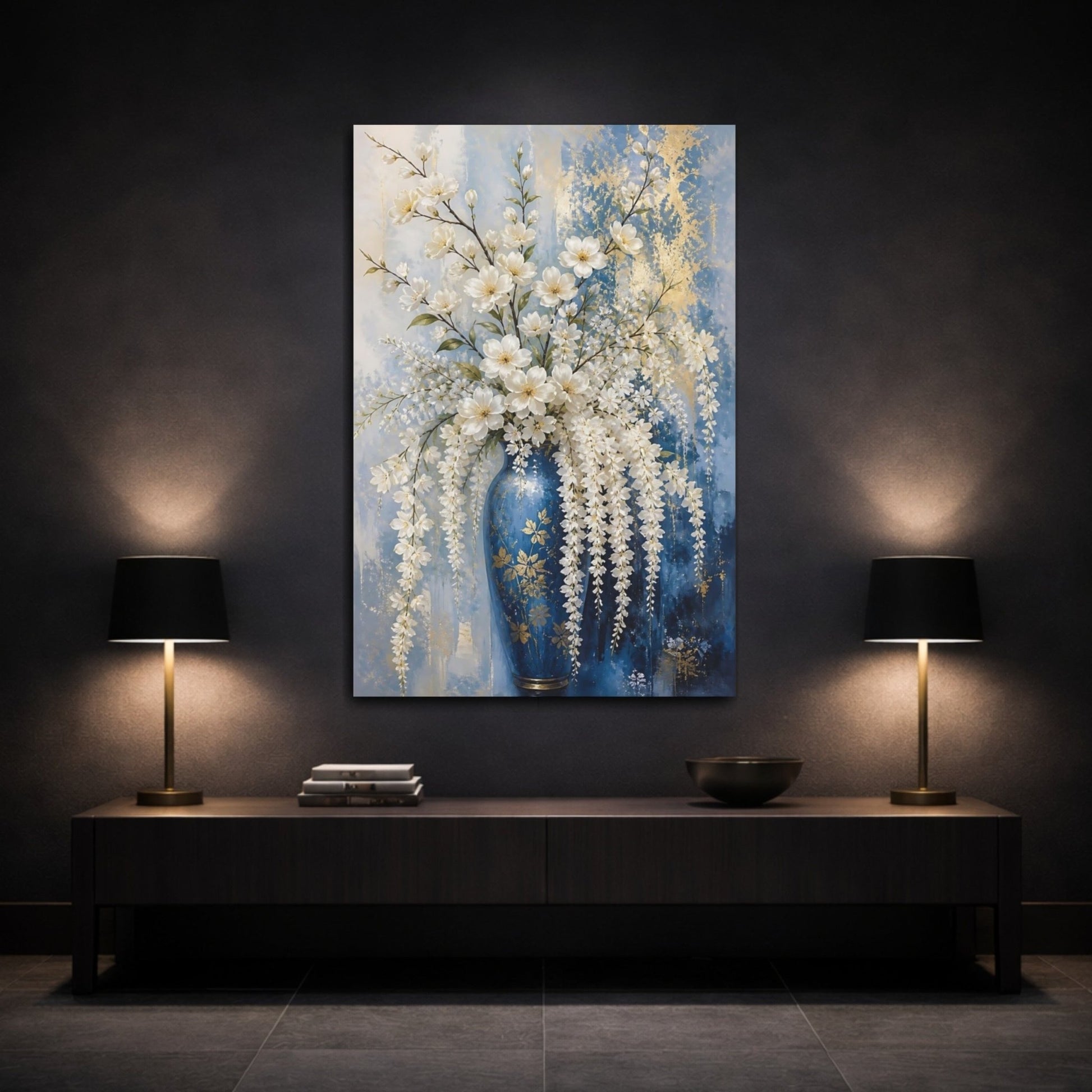 Floral White Flowers Blue And Canvas Print – Living Room, Above Fireplace - YesArtYes