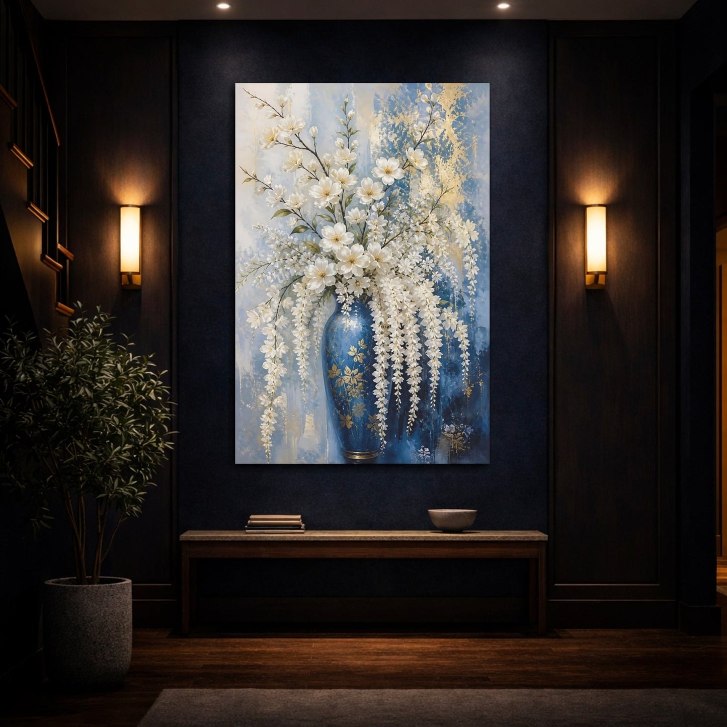 Floral White Flowers Blue And Canvas Print – Living Room, Above Fireplace - YesArtYes