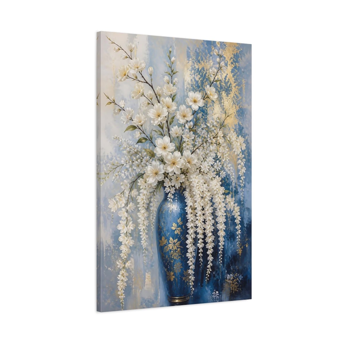 Floral White Flowers Blue And Canvas Print – Living Room, Above Fireplace - YesArtYes